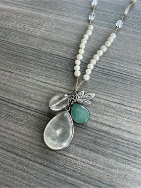 Silpada sterling silver pearl quartzite crystal cord long leaf necklace